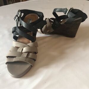 - Steve Madden Black and Tan Wedge Sandals